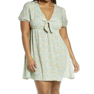 BP Green/ Pink Ditsy Floral Open Front Puff Sleeve Mini Dress Size XS